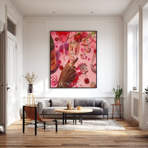 Abstract Whiskey Art Print 11x17 - Red & Pink Modern Art in Black Frame - Picture 8 of 8